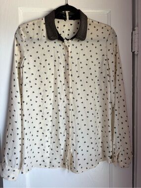 Maison Scotch Amsterdams Blauw Chain Link Collar Lip Kiss Print Blouse Size 2